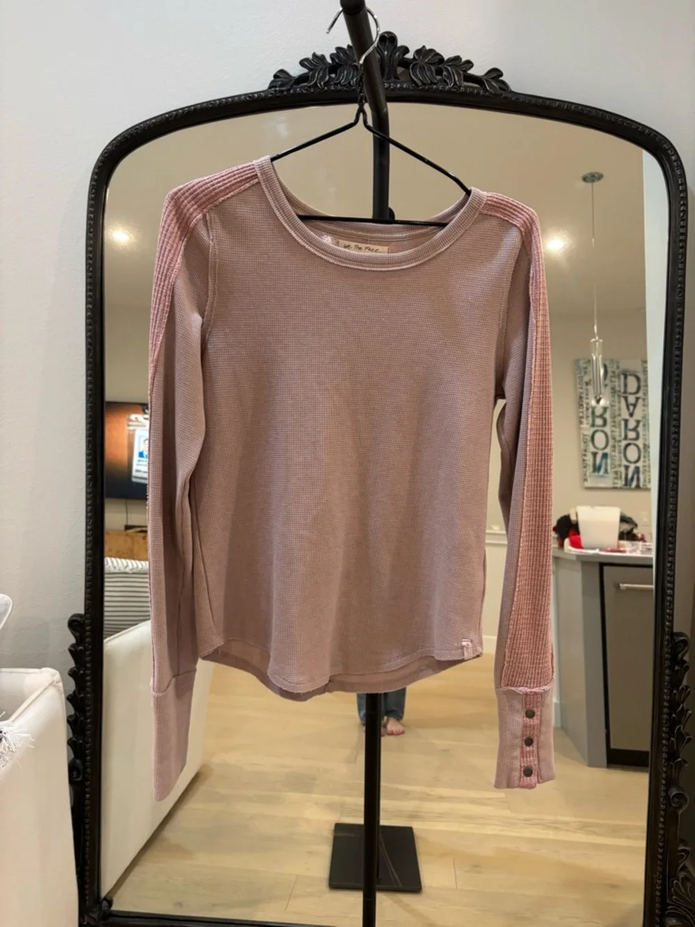 Free People Long-Sleeve Waffle Knit Top in Dusty Rose with Button Cuffs